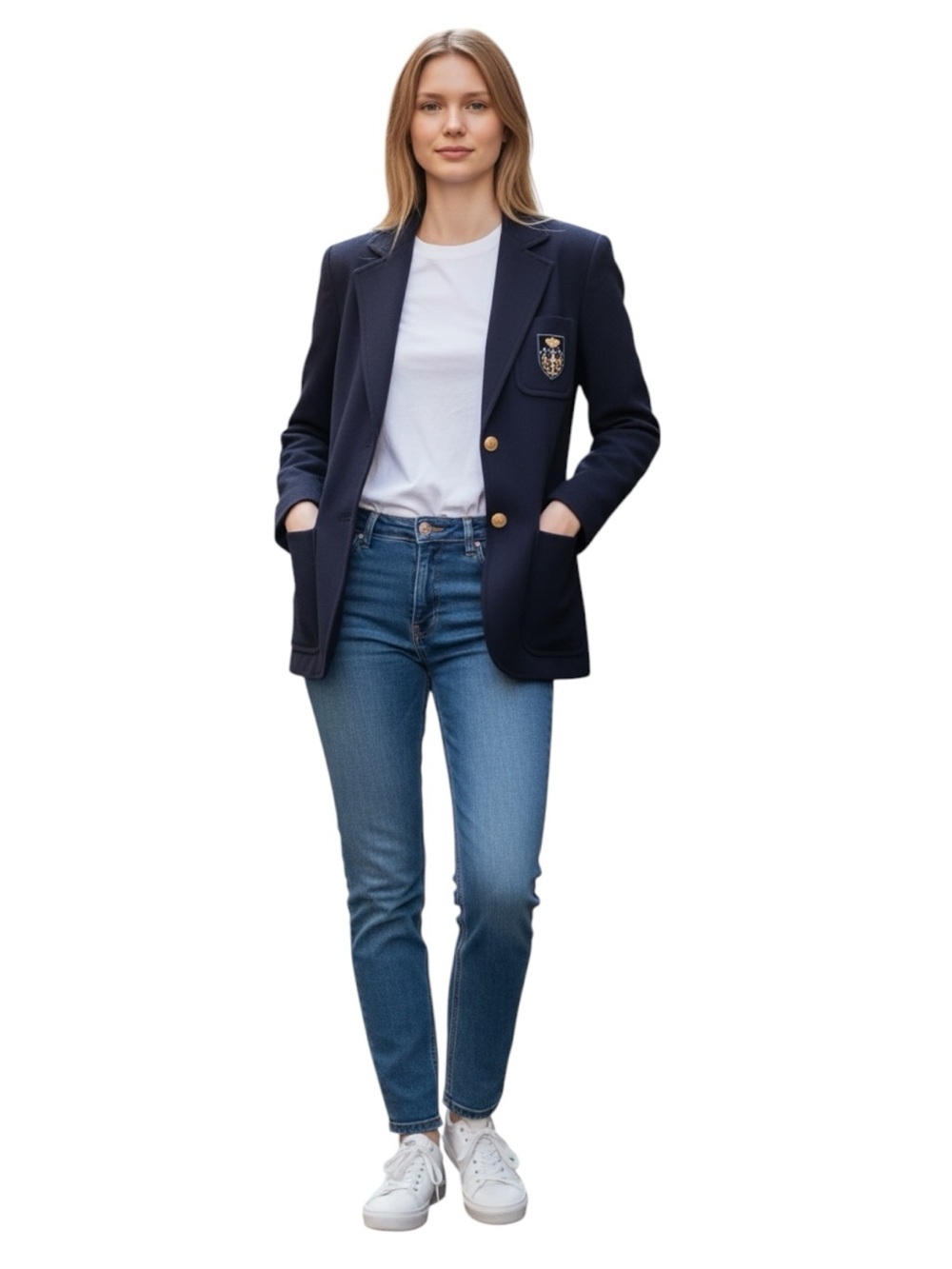 Vintage Women’s Classic Navy Blazer with Gold Accents and Appliqué